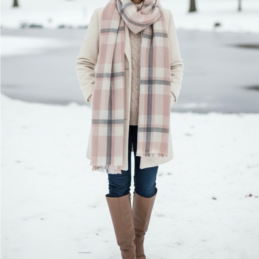 Cozy Soft Muted Pink & Gray Plaid Blanket Scarf